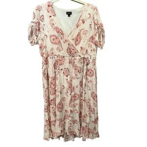 Torrid Paisley Swiss Dot Midi Dress 1X Faux Wrap Short Sleeve Boho Casual A-line